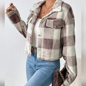 Frenchy Plaid Print Drop Shoulder Flap Detail Jacket small